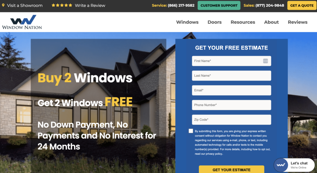 window nation's offer on home page